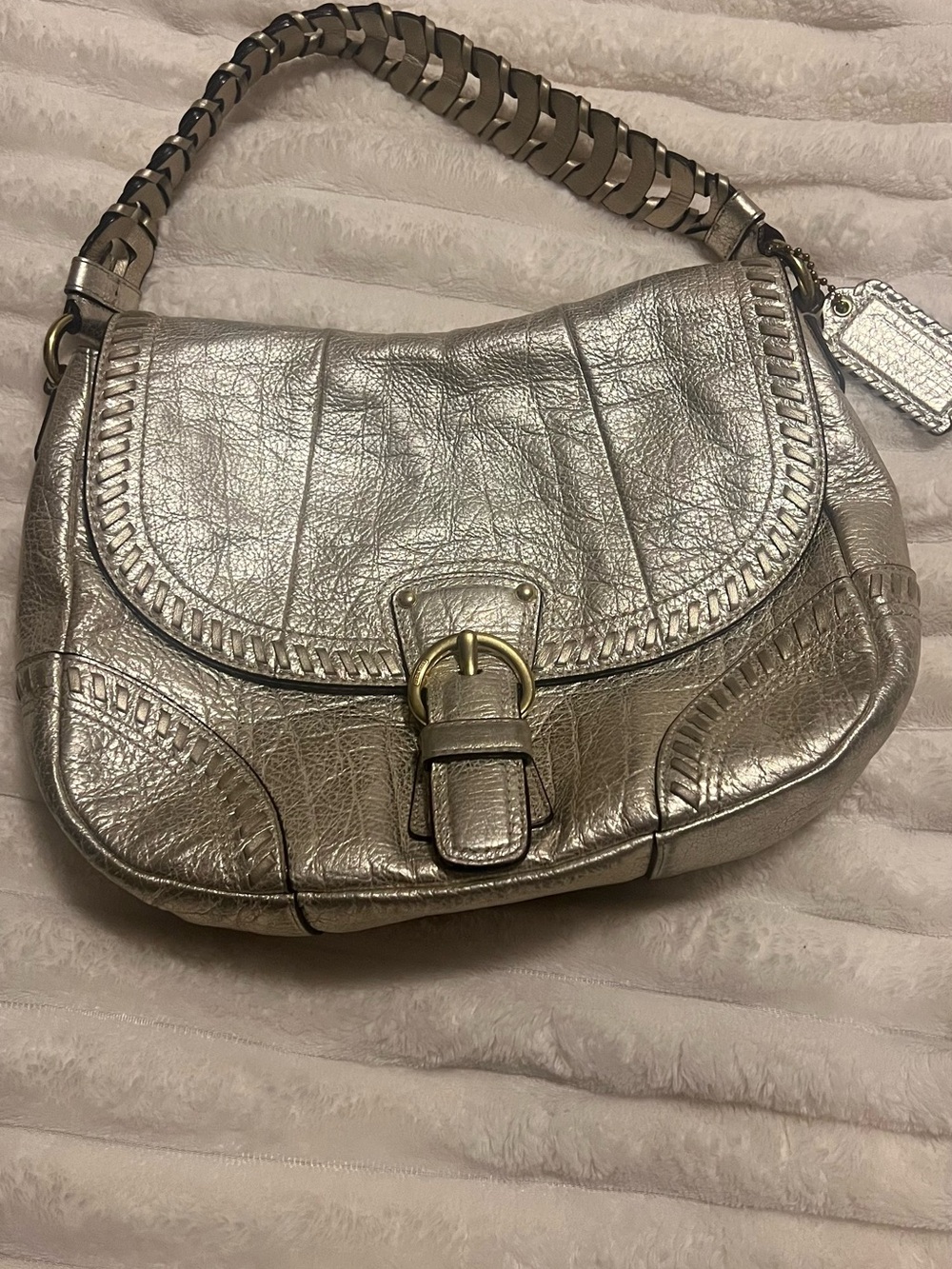 Coach Metallic Silver Leather Shoulder Bag with Braided Strap